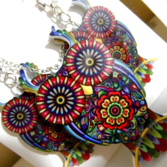 New Boho MOSAIC Elephant Owl Necklace Earrings Set Floral Modern Jewelry Chic! - Picture 4 of 9